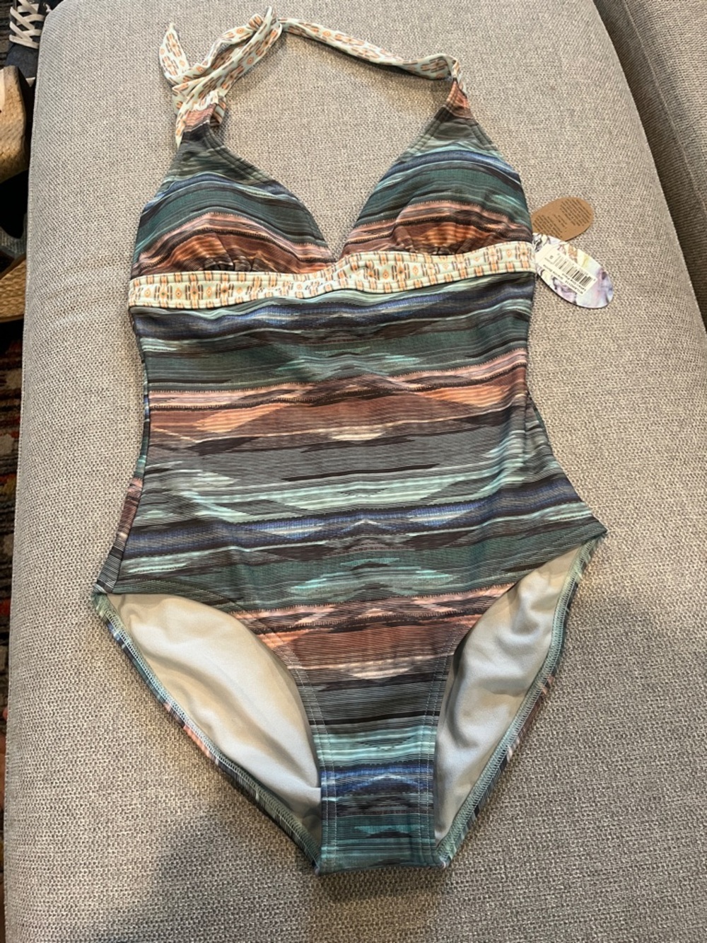 Prana Lahari Granite Bonita One-Piece Swimsuit in Teal, Brown & Navy